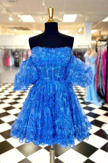 Cute A Line Off the Shoulder Blue Printed Detachable Sleeves Ruffled Short Homecoming Dress