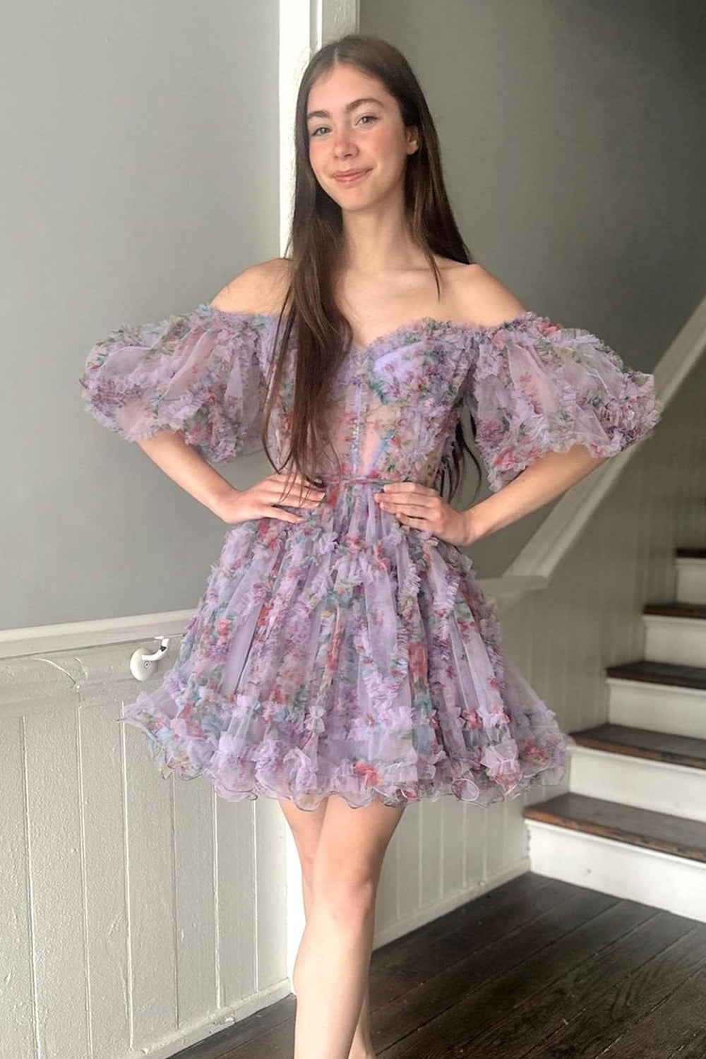 Cute A Line Off the Shoulder Purple Printed Short Homecoming Dress with Bowknot