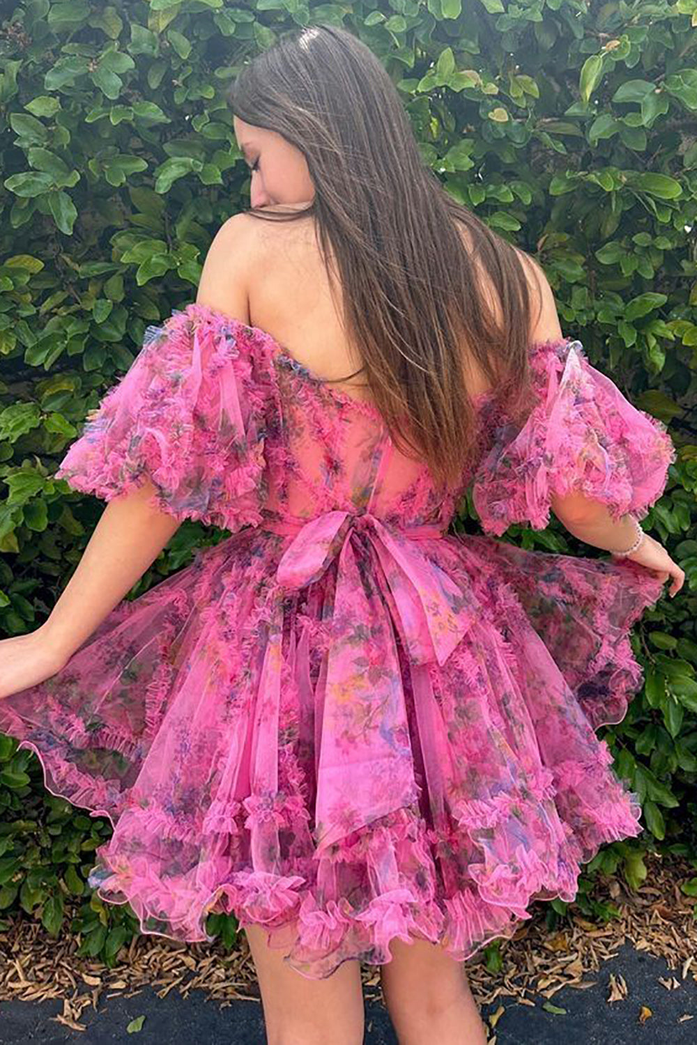 Cute A Line Off the Shoulder Purple Printed Short Homecoming Dress with Bowknot