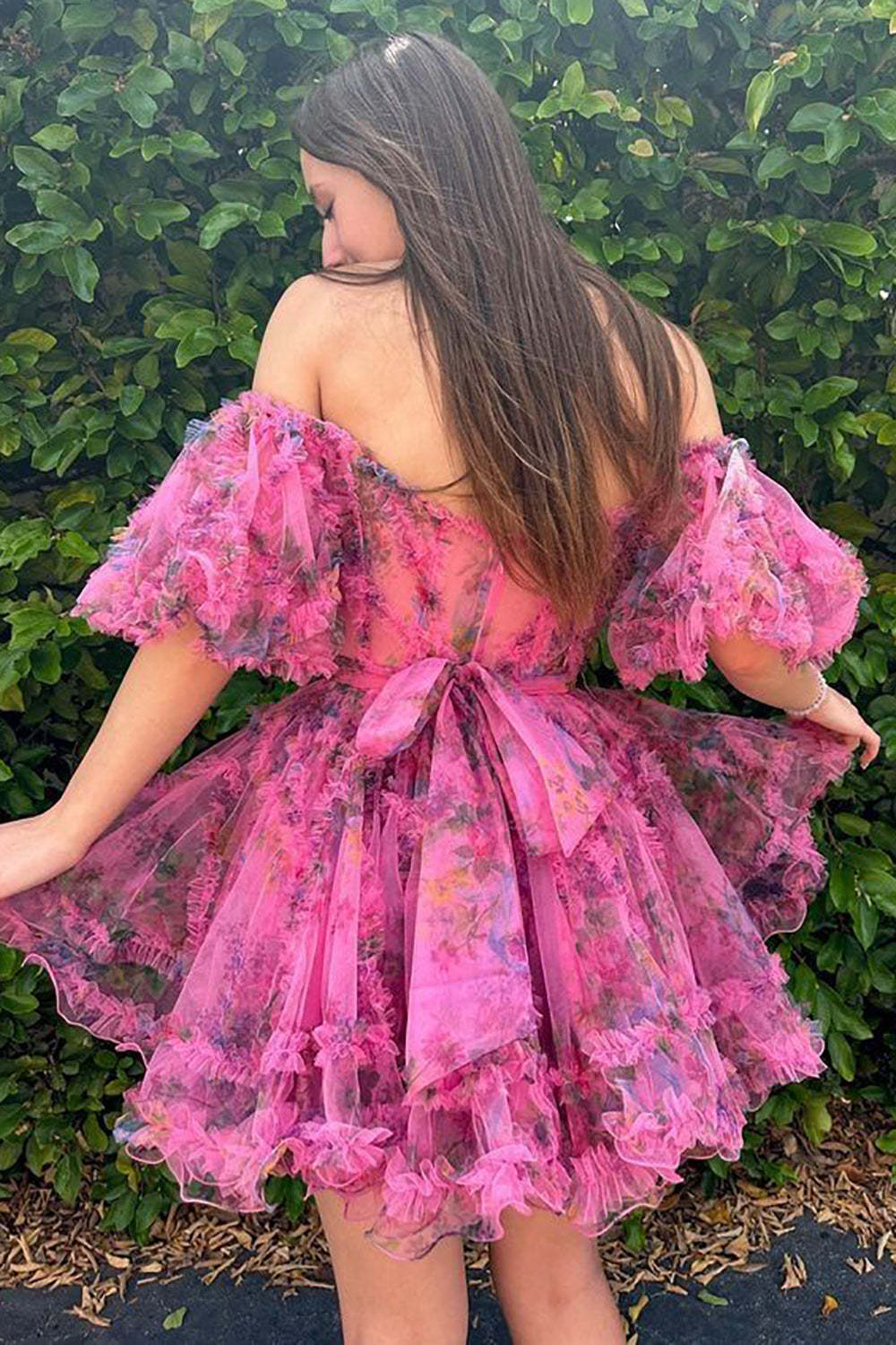 Cute A Line Off the Shoulder Purple Printed Short Homecoming Dress with Bowknot