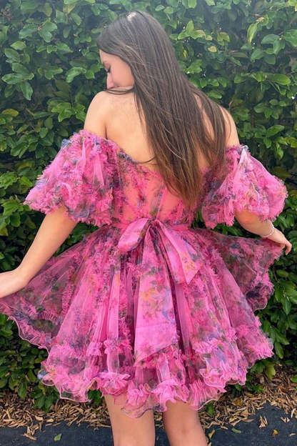 Cute A Line Off the Shoulder Purple Printed Short Homecoming Dress with Bowknot