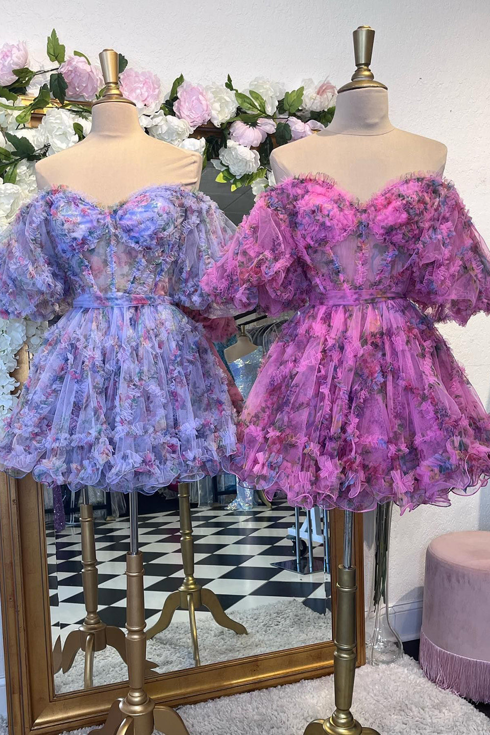Cute A Line Off the Shoulder Purple Printed Short Homecoming Dress with Bowknot