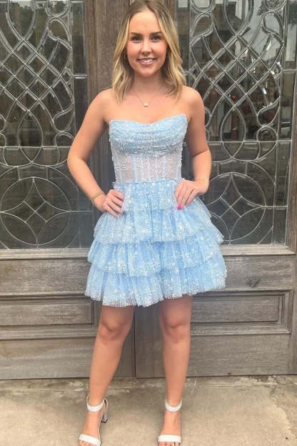 Cute A Line Strapless Lilac Corset Homecoming Dress with Ruffles