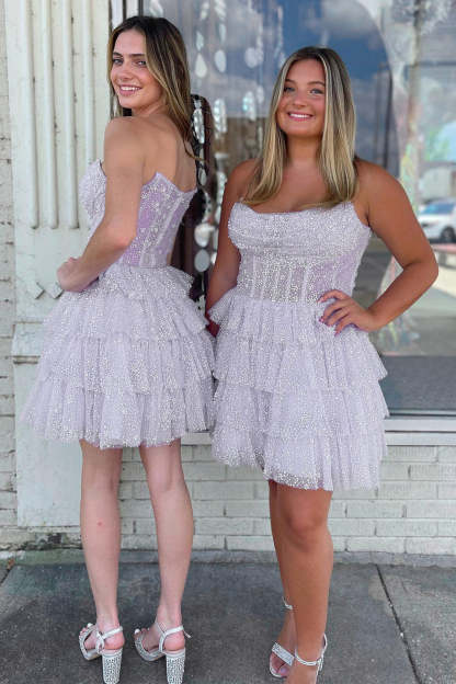 Cute A Line Strapless Lilac Corset Homecoming Dress with Ruffles