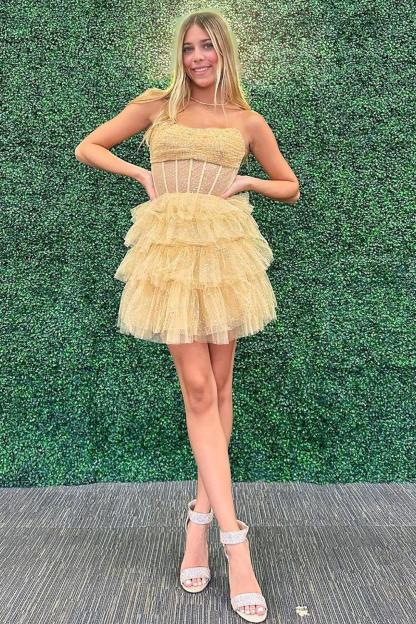 Cute A Line Strapless Lilac Corset Homecoming Dress with Ruffles