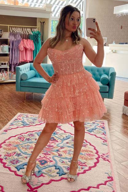 Cute A Line Strapless Lilac Corset Homecoming Dress with Ruffles