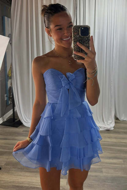 Cute Blue Chiffon A Line Tiered Short Homecoming Dress with Ruffles