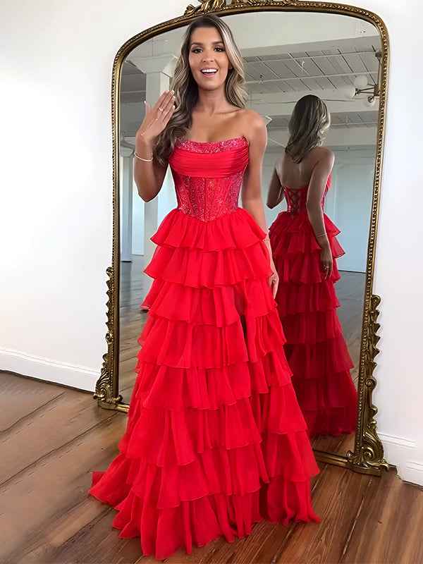 Sparkly Light Blue Strapless A-Line Long Tiered Prom Dress with Slit