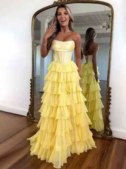 Sparkly Light Blue Strapless A-Line Long Tiered Prom Dress with Slit