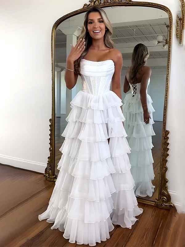 Sparkly Light Blue Strapless A-Line Long Tiered Prom Dress with Slit