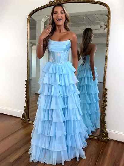 Sparkly Light Blue Strapless A-Line Long Tiered Prom Dress with Slit