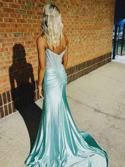 Cyan Strapless Sweetheart Beaded Mermaid Prom Dress with Slit