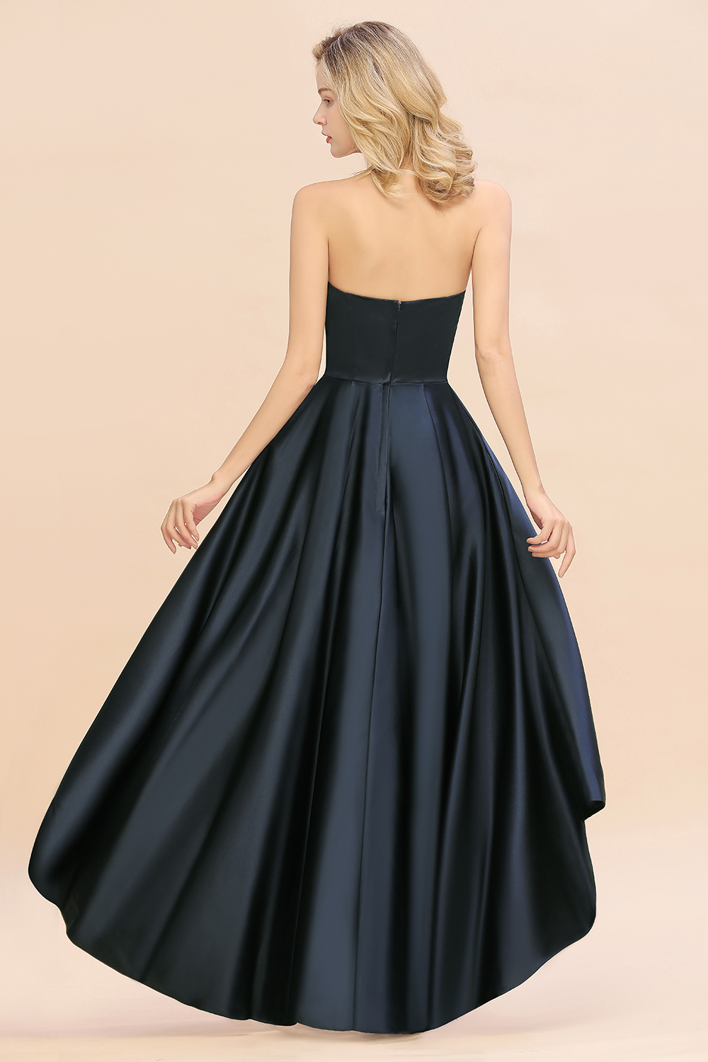 Charming Strapless Backless A-Line High Low Satin Bridesmaid Dress With Pockets