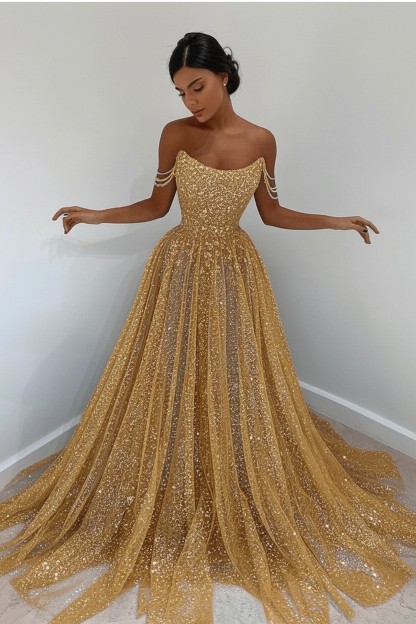 Bmbridal Bling Bling Sequins Prom Dress Long Strapless