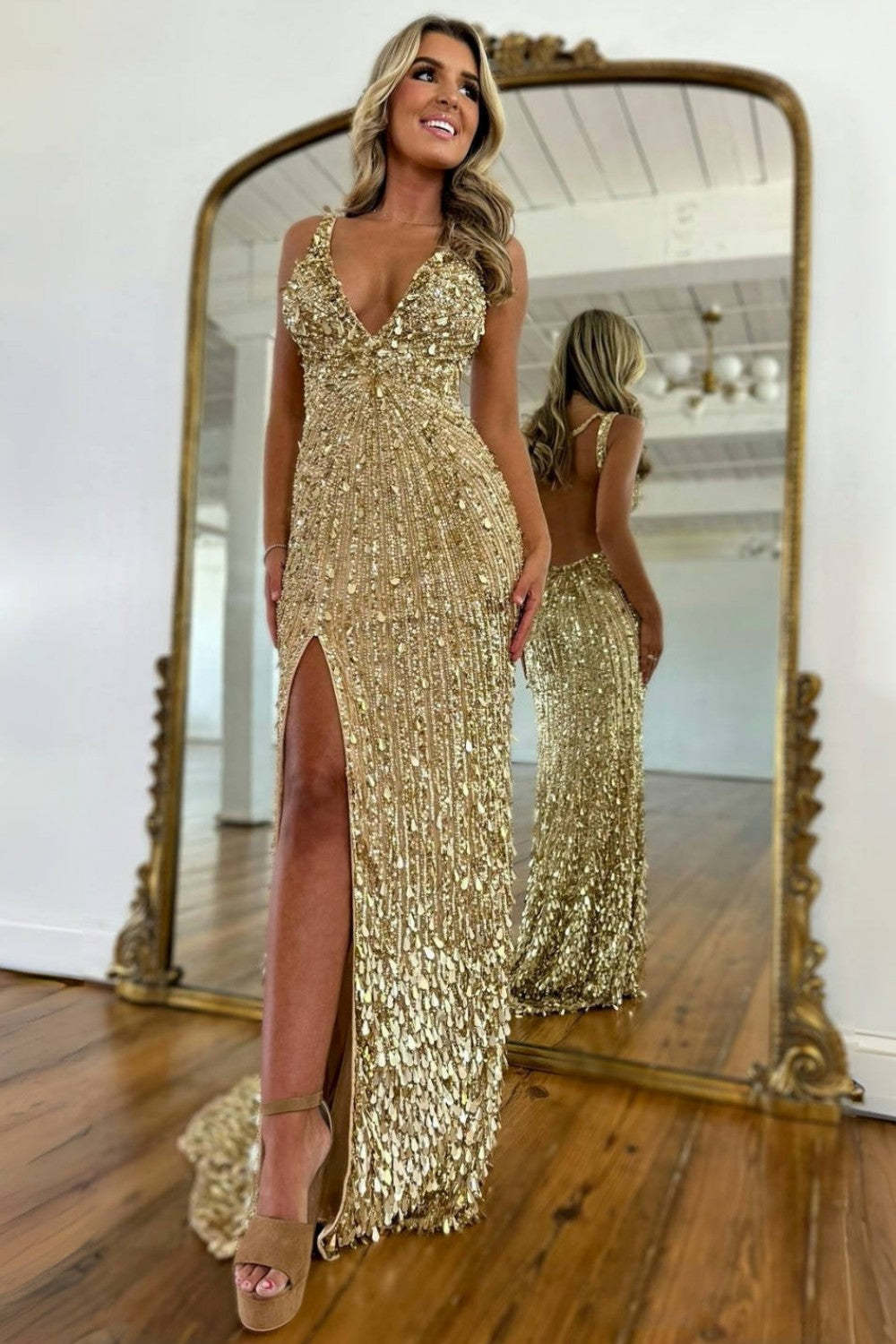 Sparkly Gold Mermaid Sequins Sweetheart Long Corset Prom Dress with Sl