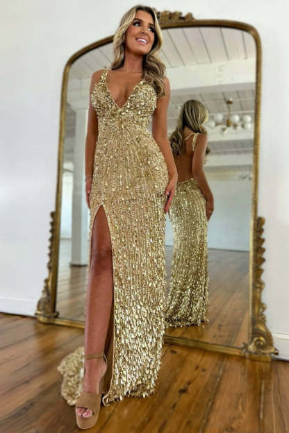 Sparkly Gold Fully Beaded Prom Dress with Deep V Neck Slit and Open Back