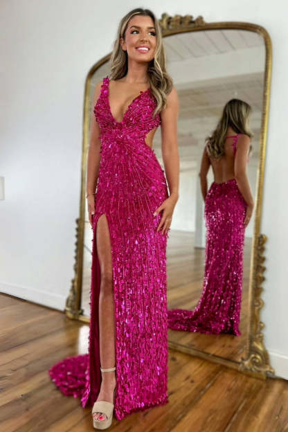 Sparkly Gold Fully Beaded Prom Dress with Deep V Neck Slit and Open Back