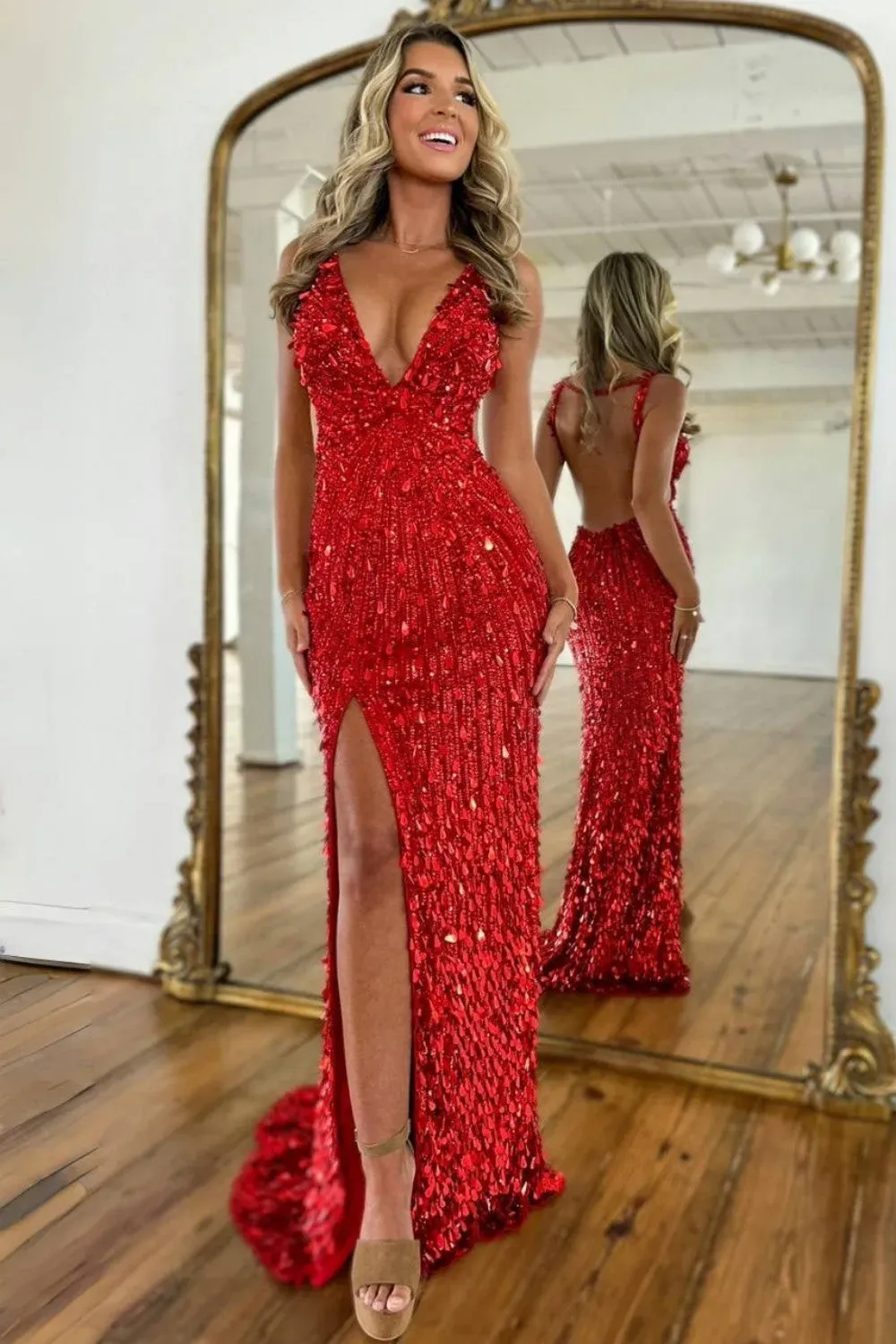 Sparkly Gold Mermaid Sequins Sweetheart Long Corset Prom Dress with Slit