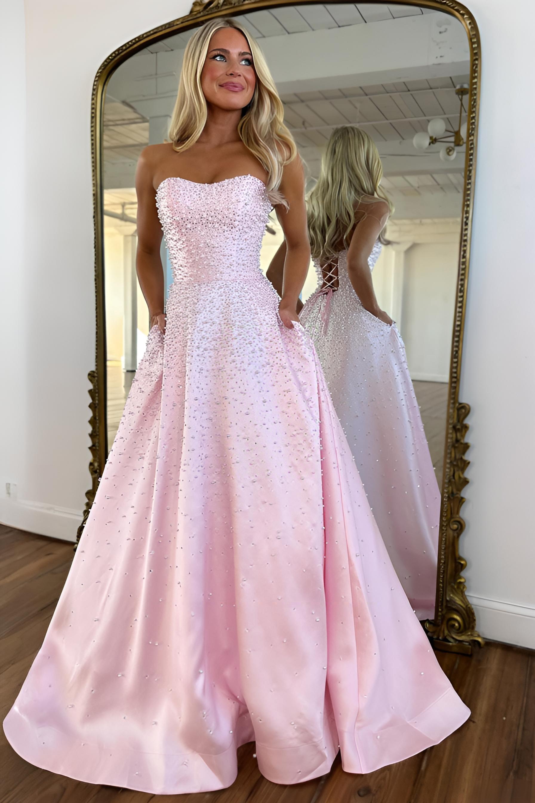 Light Pink Strapless Beaded Prom Dress A-Line Satin Gown With Pearls