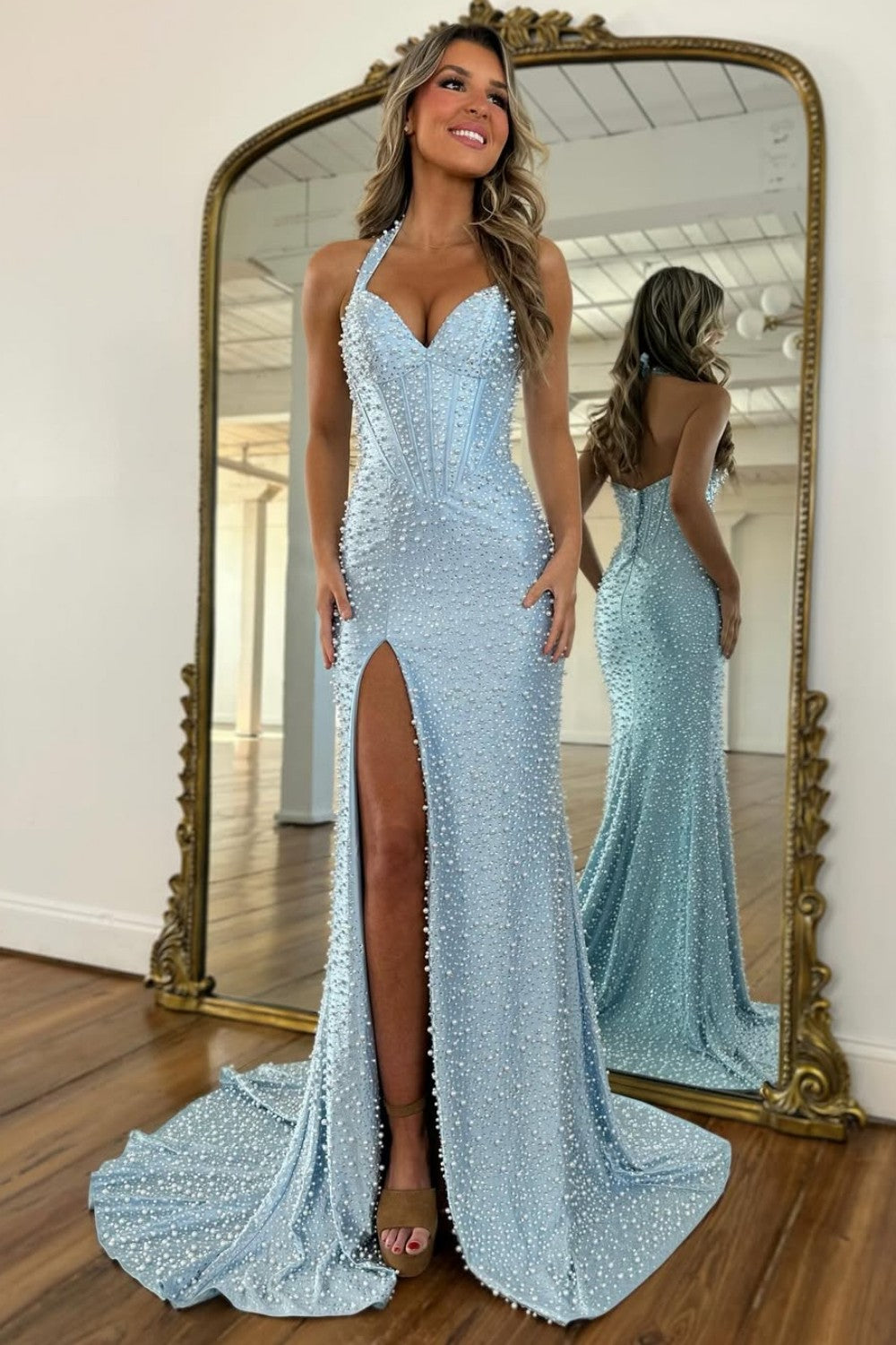 Light Pink Strapless Beaded Prom Dress A-Line Satin Gown With Pearls