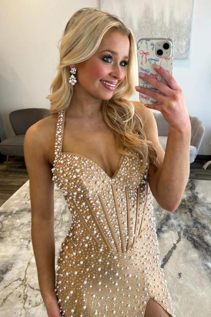 Light Pink Strapless Beaded Prom Dress A-Line Satin Gown With Pearls