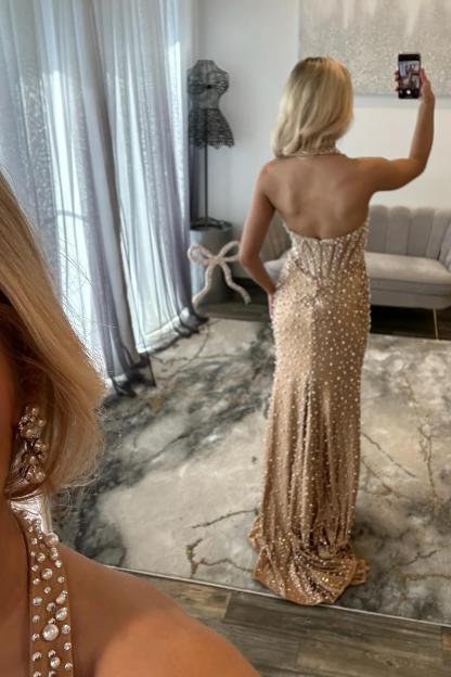 Light Pink Strapless Beaded Prom Dress A-Line Satin Gown With Pearls