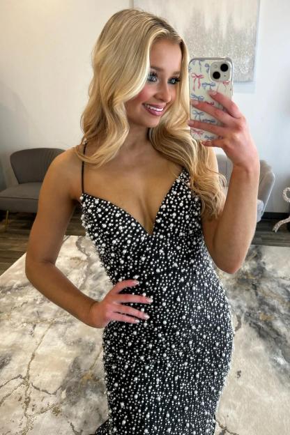 Light Pink Strapless Beaded Prom Dress A-Line Satin Gown With Pearls