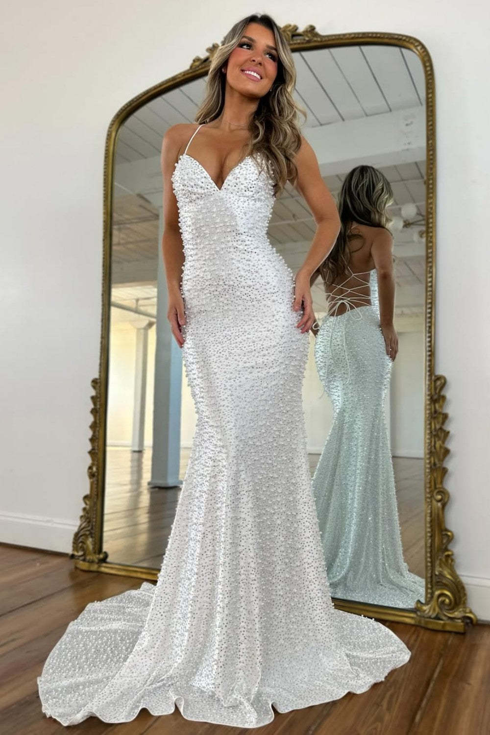 Light Pink Strapless Beaded Prom Dress A-Line Satin Gown With Pearls