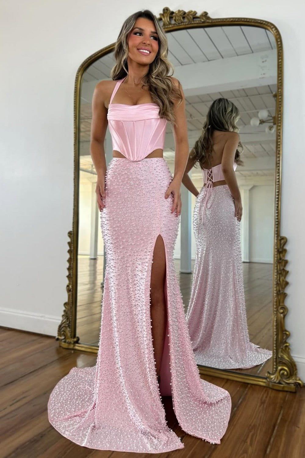 Light Pink Strapless Beaded Prom Dress A-Line Satin Gown With Pearls