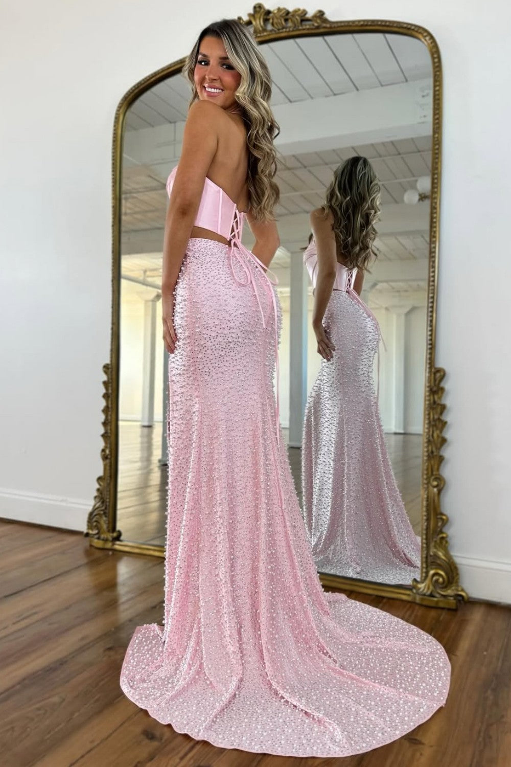 Light Pink Strapless Beaded Prom Dress A-Line Satin Gown With Pearls