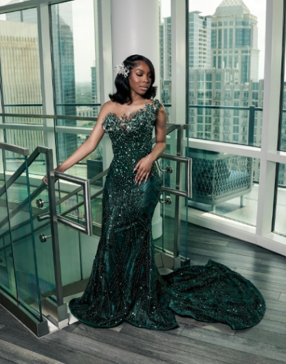 One shoulder Dark green Mermaid Sparkle Floor length Prom Dresses