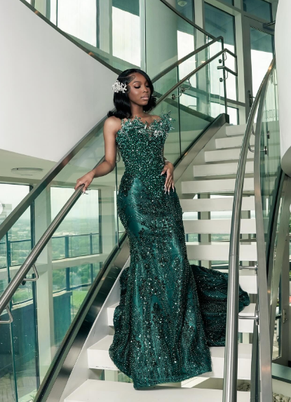 One shoulder Dark green Mermaid Sparkle Floor length Prom Dresses