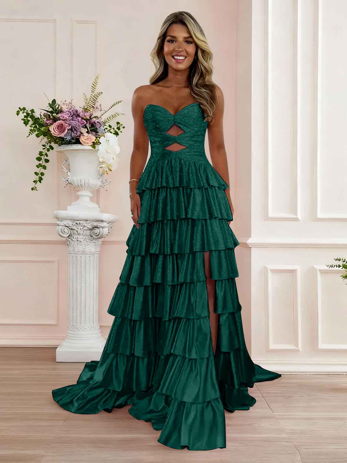A Line Strapless Sweetheart Satin Prom Dress with Keyhole