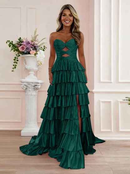 A Line Strapless Sweetheart Satin Prom Dress with Keyhole