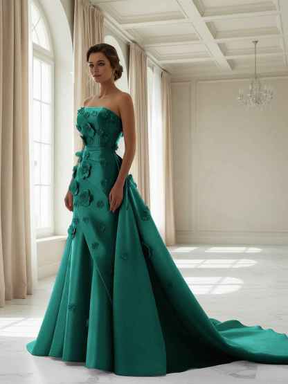 Pink A Line Satin Strapless Prom Dress with 3D Floral Appliques