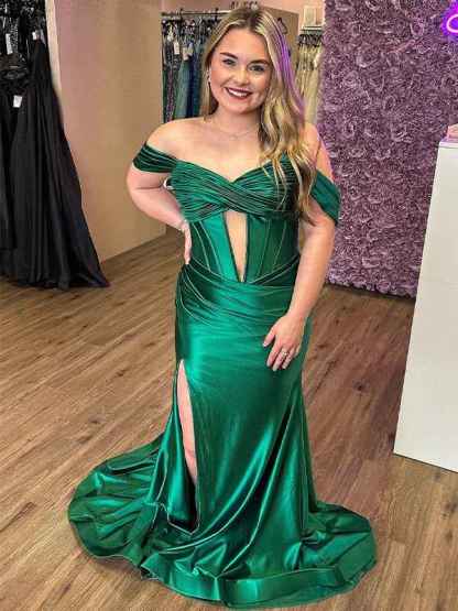 Red Mermaid Off the Shoulder Corset Long Prom Dress with Slit