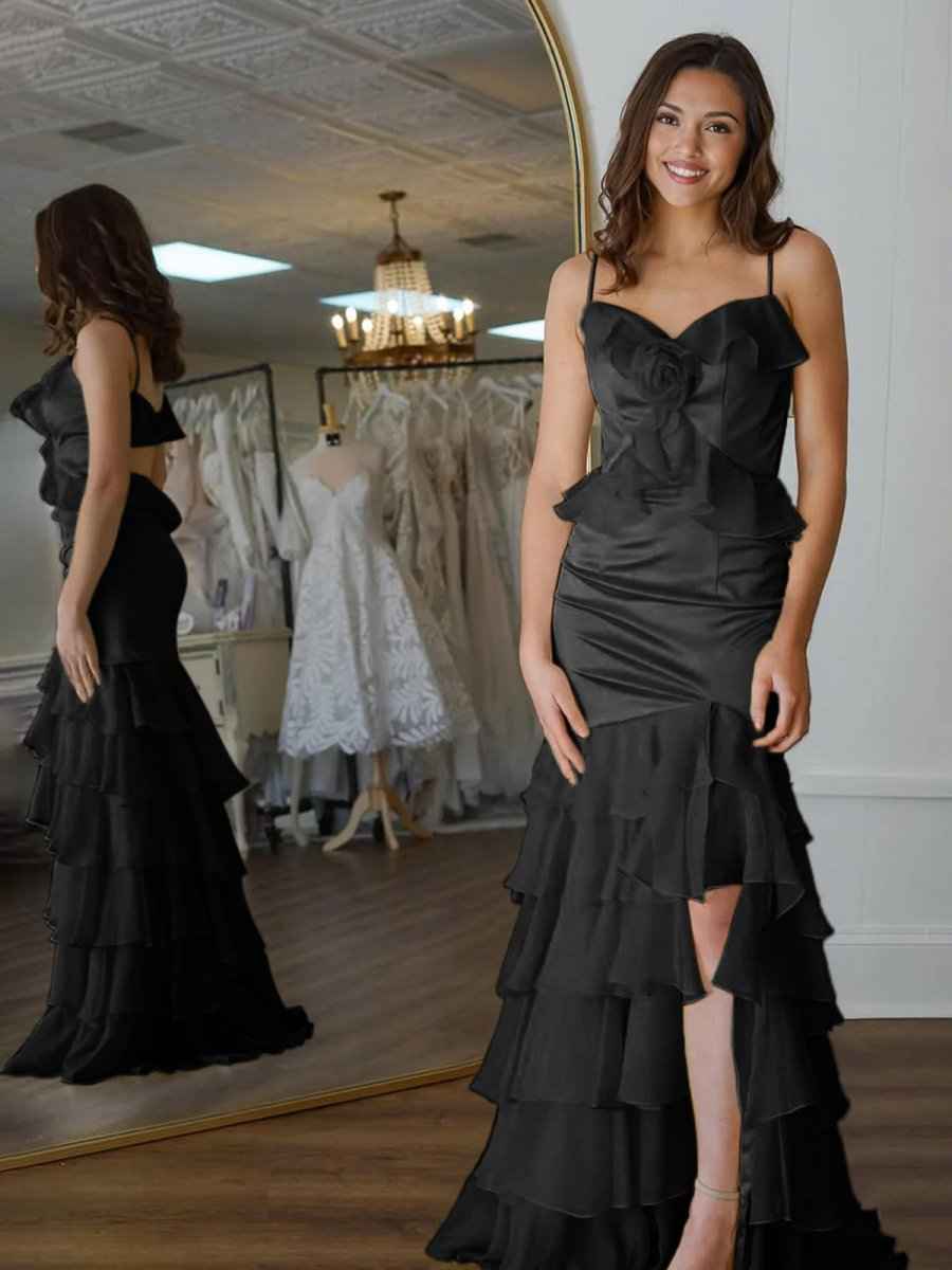 Yellow Mermaid Ruffle Chiffon Long Prom Dress with Flower