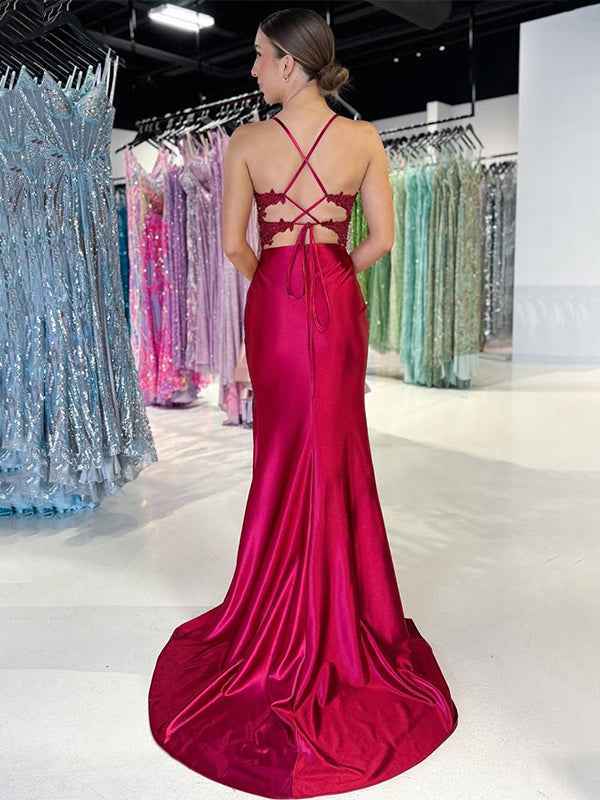 Dark Red Mermaid Spaghetti Straps V Neck Satin Prom Dress with Slit