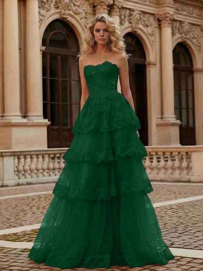 Red Tiered Tulle Strapless Lace Bodice A-Line Long Prom Dress