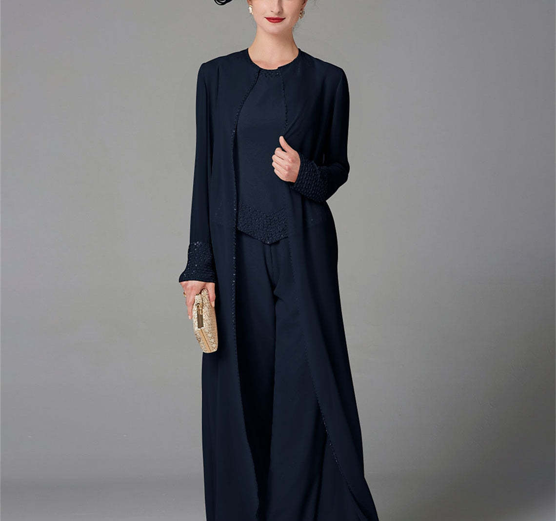 Long-Sleeve Chiffon Mother of the Bride Pantsuit with Jacket and Sequins-BMbridal
