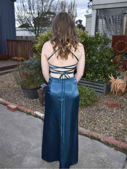 Dark Teal Satin Side Ruching Cowl Neck Prom Dress with High Slit