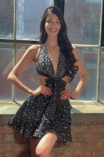 Deep V Halter Pearl Beaded Homecoming Dress Cutout Bow Tiered Ruffle Skirt Open Back Mini