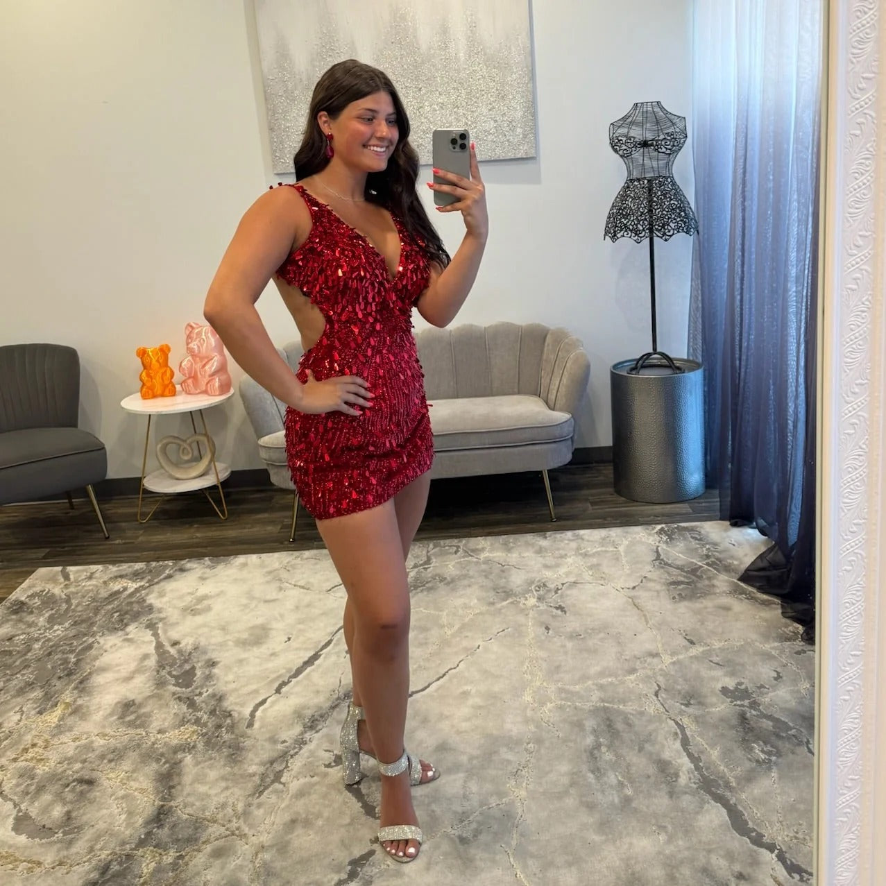Deep V-Neck Backless Sequin Homecoming Dress Spaghetti Straps Bodycon Mini