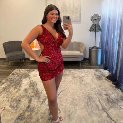 Deep V-Neck Backless Sequin Homecoming Dress Spaghetti Straps Bodycon Mini