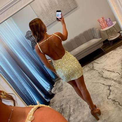 Deep V-Neck Backless Sequin Homecoming Dress Spaghetti Straps Bodycon Mini