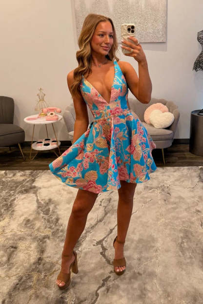 Deep V Neck Floral Jacquard Homecoming Dress Crystal Waist Open Back Bow A-Line Mini
