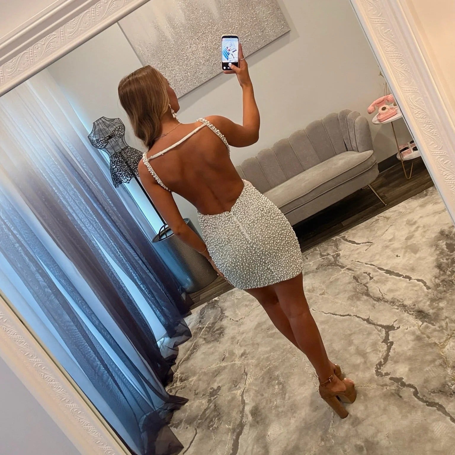 Deep V Neck Full Pearl Beaded Bodycon Homecoming Dress Pearl Strap Open Back Mini
