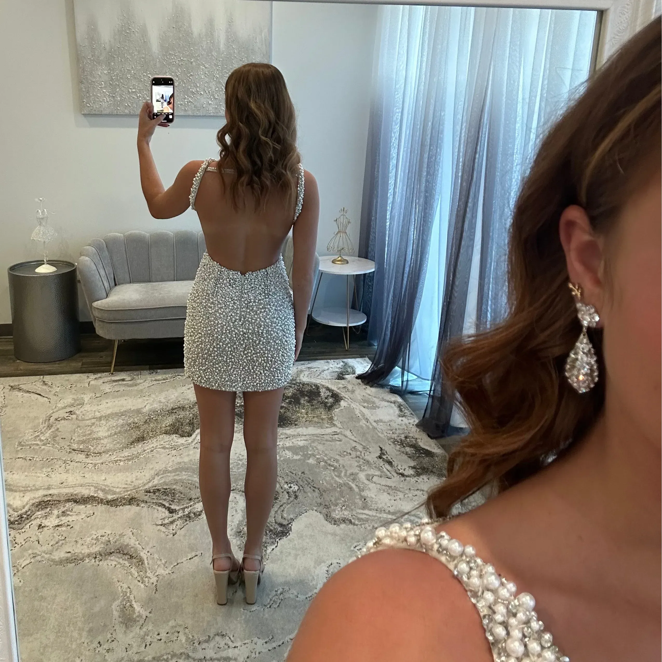 Deep V Neck Full Pearl Beaded Bodycon Homecoming Dress Pearl Strap Open Back Mini