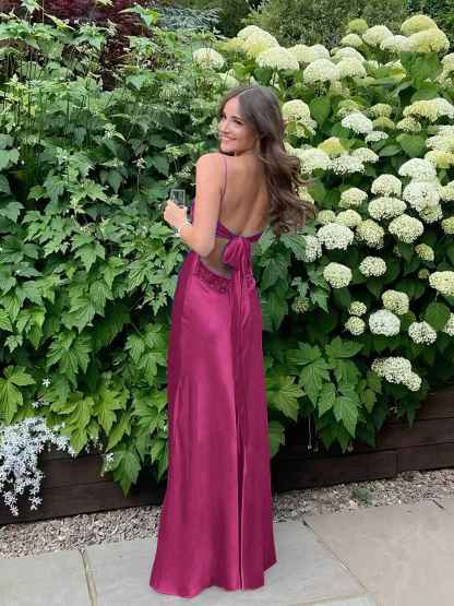 Blue A Line V-neck Beaded Back Tie Long Prom Dress