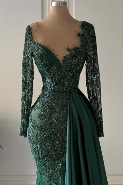Designer Long Dark Green V-neck Lace Mermaid Prom Dresses with Long Sleeves
